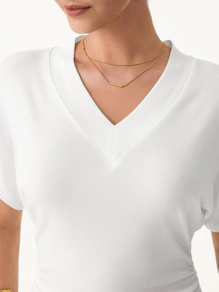 Lyocell Cashmere Blend V-neck Short Sleeve Side Ruched Tee