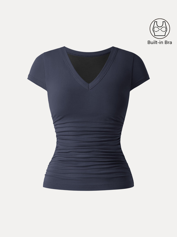 Elevated V-neck Side Ruched Cap Sleeve Brami Tee Midnight Navy XS