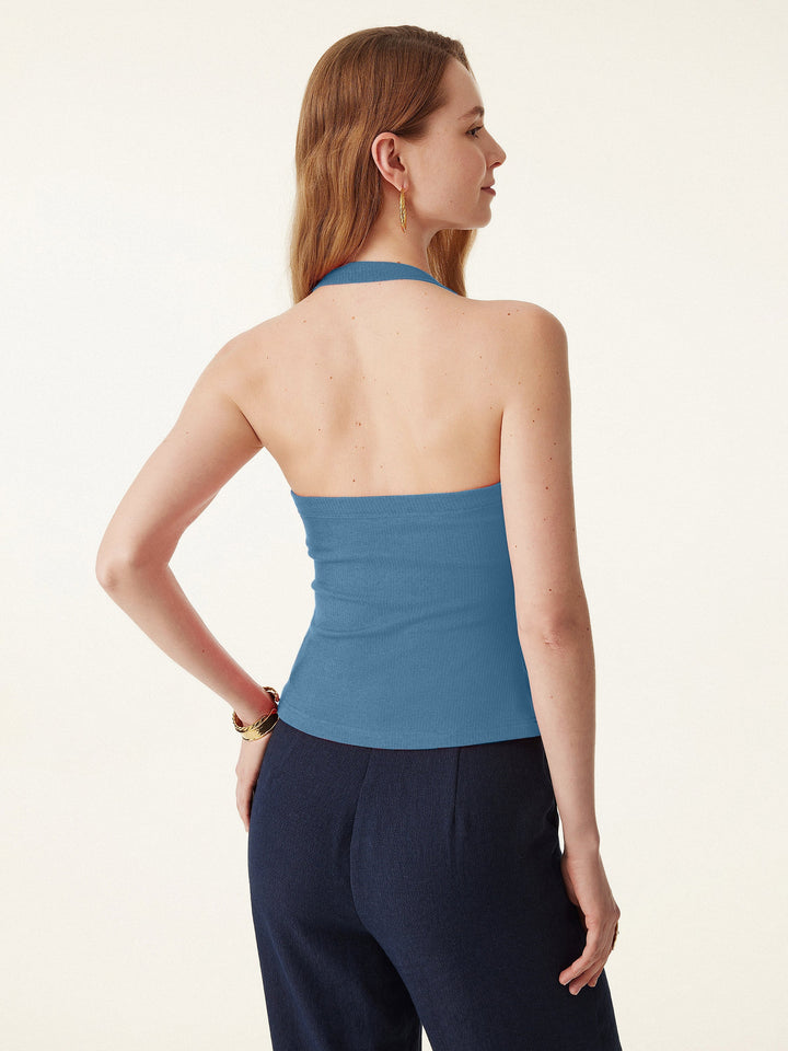 Halter Neck Side Ruched Ribbed Brami Tank