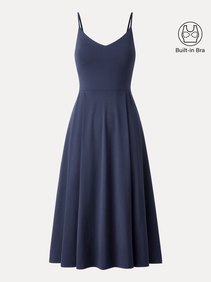 Bamboo Ponte V-neck Fit-and-flare Midi Brami Sundress with Pockets
