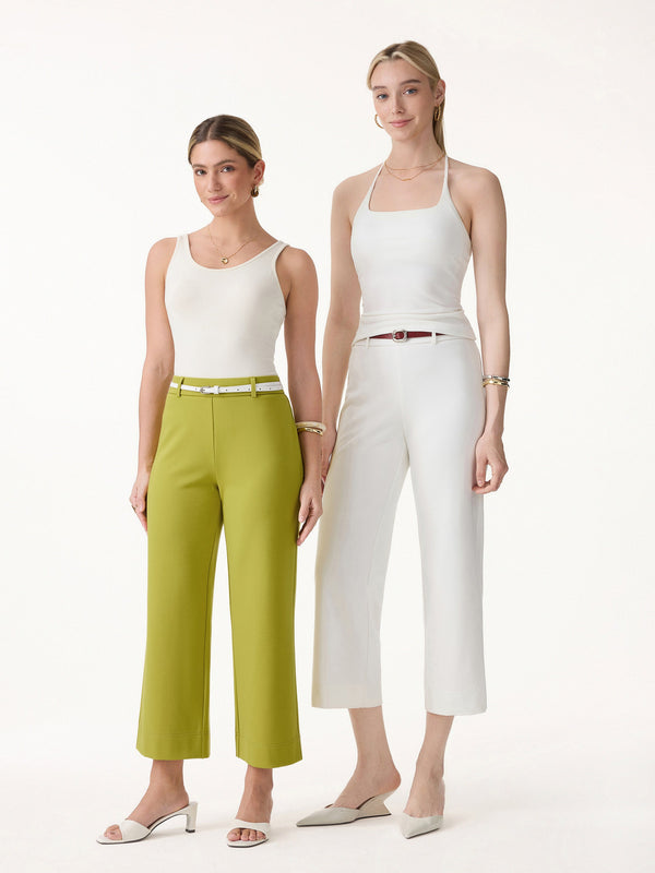 OGLmove Not-See-Thru Mid Rise Cropped Wide Leg Pants with Pockets