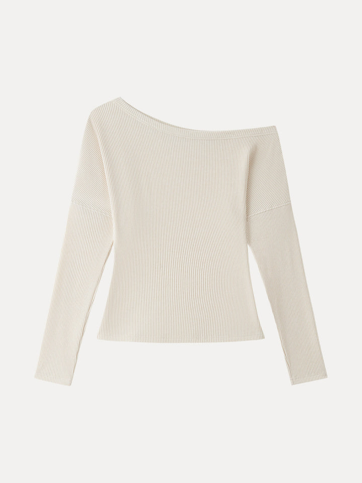 Ribbed Asymmetrical Neckline Long Sleeve Top