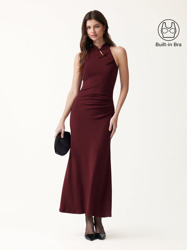 OGLmove LiteWarm Mandarin Collar Frog-Button Tucked Built-In Bra Midi Dress Ruby XXS