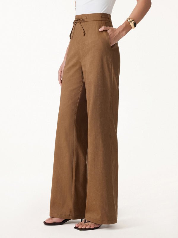 OGLmove Wrinkle-Resistant Linen Drawstring Wide Leg Pants with Pockets Regular Tree Brown