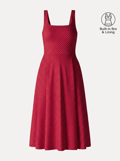 Stretch Cotton Polka Dot Square Neck Midi Bra Dress with Pockets Red/White Polka Dot XS