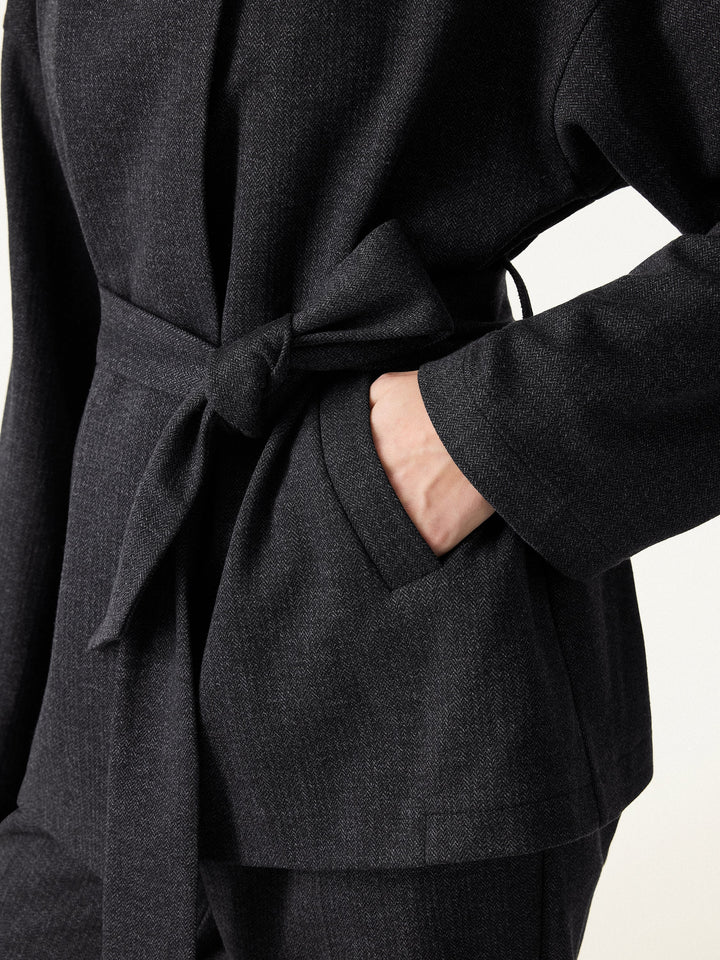 Herringbone Retro Belted Jacket with Pockets