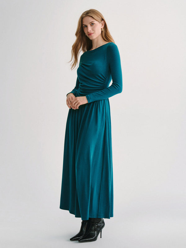 OGLmove LiteWarm Boatneck Long Sleeve Ruched Maxi Built-In Bra Dress with Pockets