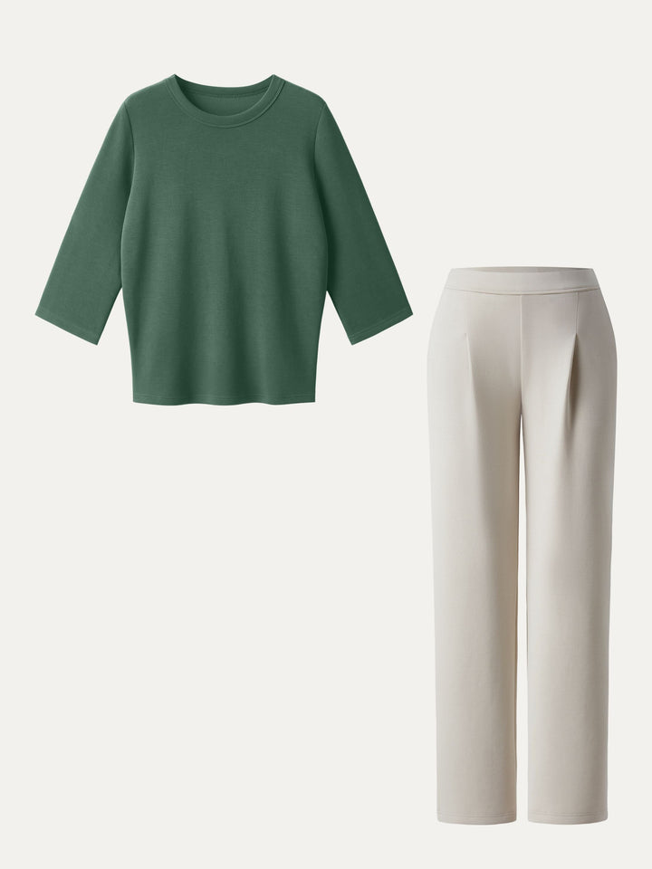 2Pcs Set Crewneck 3/4 Sleeve Top & Mid Rise Straight Leg Pull-on Trousers with Pockets Ash Ivory/Calactic Stream XS
