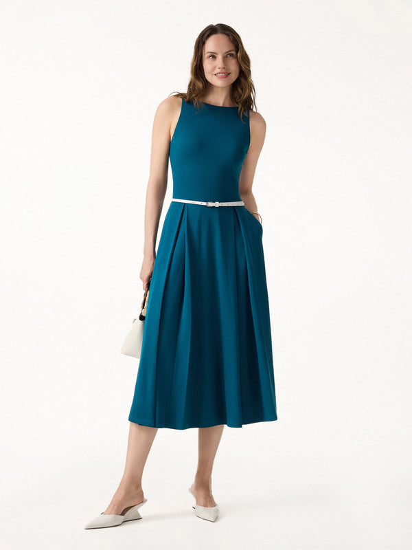 OGLmove Boatneck Pleated Fit-and-Flare Midi Bra Dress with Pockets Dark Marine XS