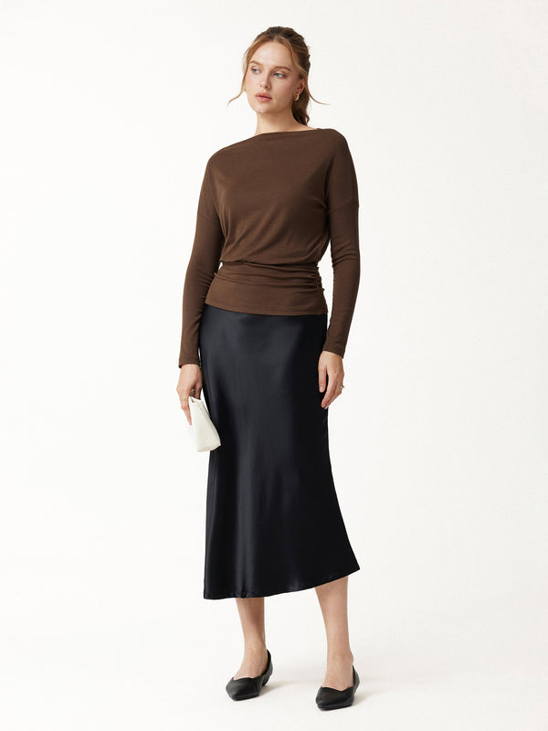 OGLmove Slash Neck Long Sleeve Ruched Banded Hem Top