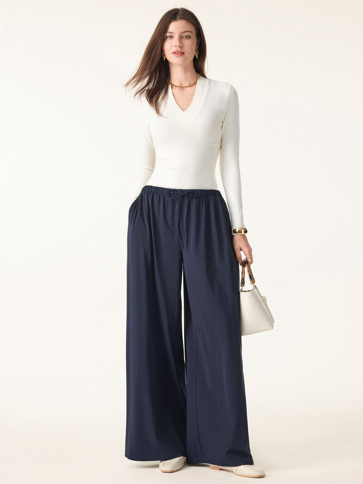 Stretch Ponte Mid Rise Palazzo Pants with Pockets
