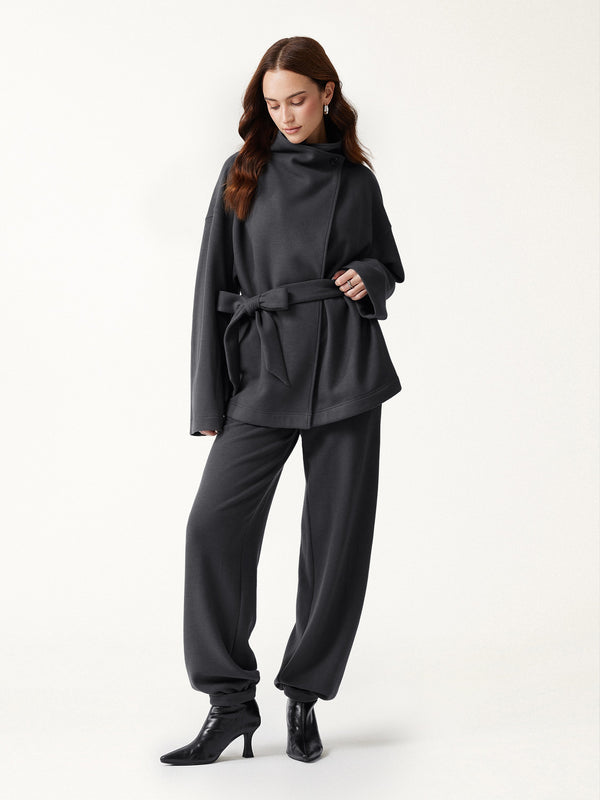 OGLmove 2Pcs Set Waterfall Lapel Belted Jacket with Pockets & Mid-Rise Balloon Pants with Pockets Deep Grey XXS