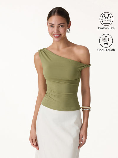OGLmove CoolTouch Asymmetrical Shoulder Bra Top Olive Oil XS