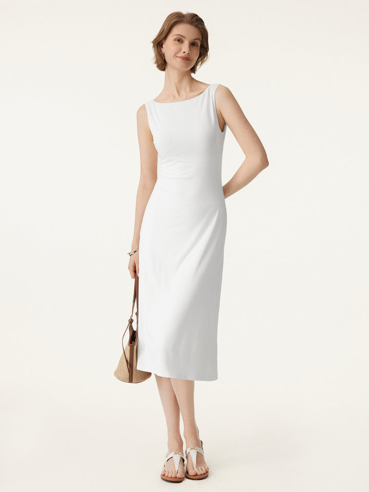 Classy Boatneck Open Back Bandless Midi Brami Dress