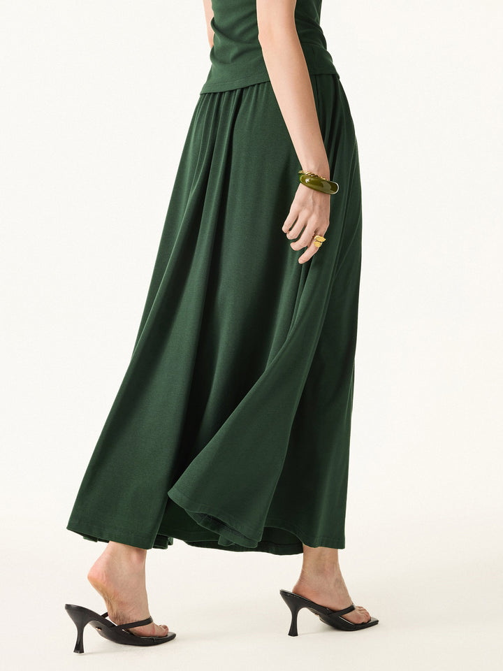 2Pcs Set Stretch Cotton Boatneck Brami Tank & Maxi Umbrella Skirt with Pockets