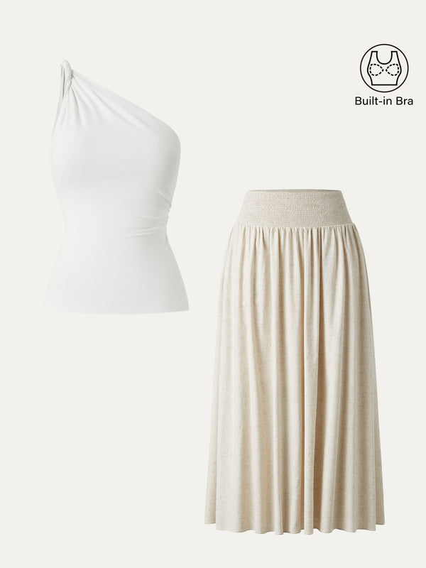 2-teiliges Set mit One-Shoulder-Twisted-Brami-Tank und gesmoktem Taillenrock mit Taschen
