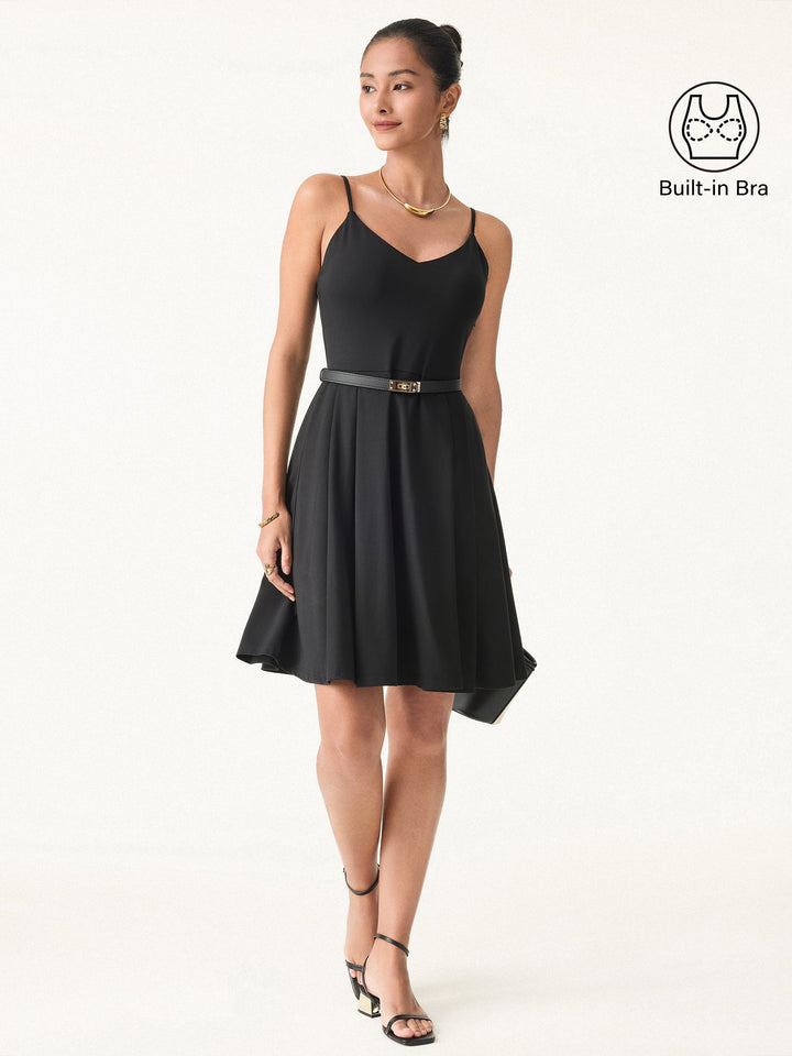 Bamboo Ponte V-neck Fit-and-flare Mini Brami Dress with Pockets Black XS