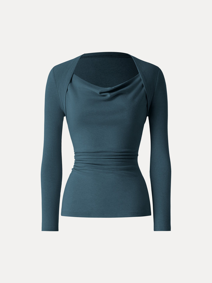 LiteWarm Cowl Neck Ruched Waist Top Forest Night XS