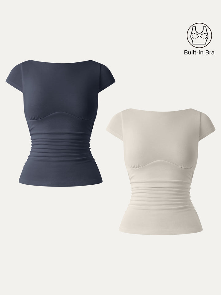 2Pcs Set Sandwashed Boatneck Cap Sleeve Ruched Brami Deep Navy/Morning Mist XS