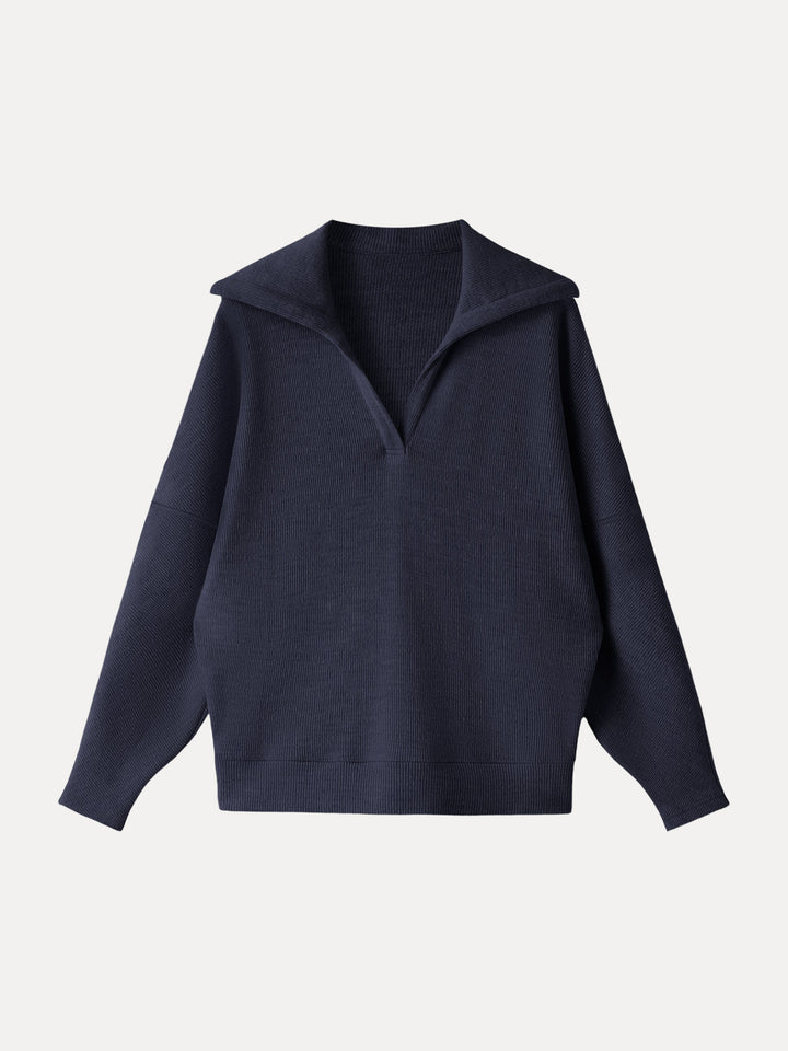 Cozy Collared V-Neck Batwing Sleeve Pullover Universe Navy XS