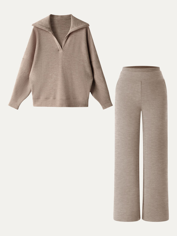 2Pcs Set Regular Double Waistband Straight Pants & V-Neck Batwing Sleeve Pullover Taupe/Heather Taupe XS