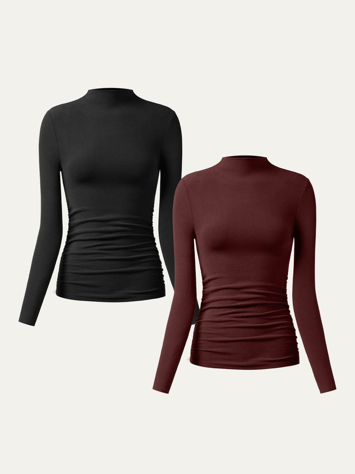 Thermal Ruched Sides Tuckable Mockneck Top Black/Ruby XS
