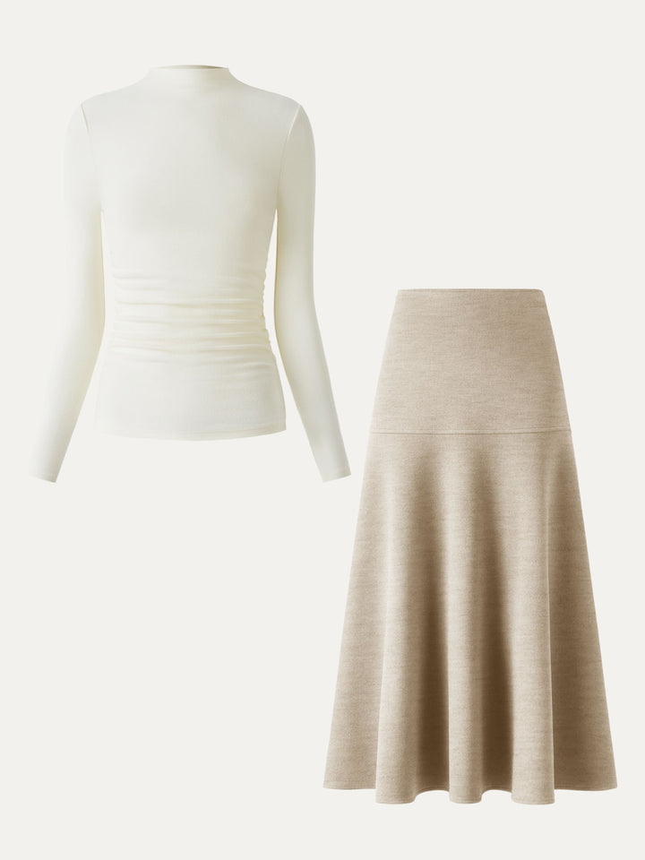 2Pcs Set Ruched Sides Tuckable Mockneck Top & Flared Maxi Skirt