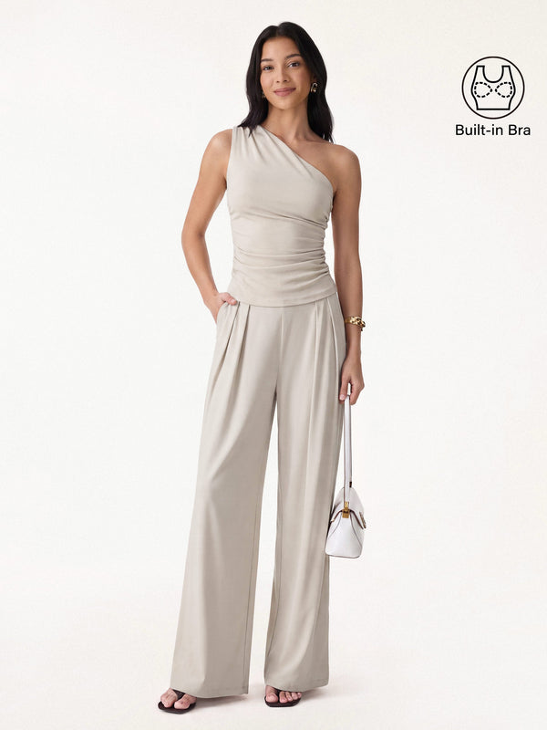 OGLmove 2Pcs Set Petite Wide Leg Palazzo Pant with Pockets & Ruched Bra Tank