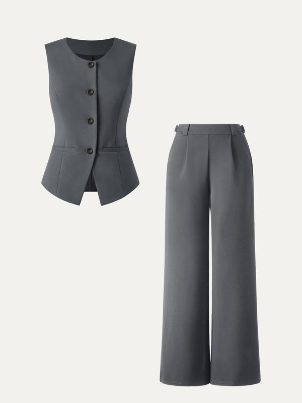2Pcs Set Office Staple Waistcoat with Pockets & High Rise Pull-on Wide Leg Pant Davy Grey XS