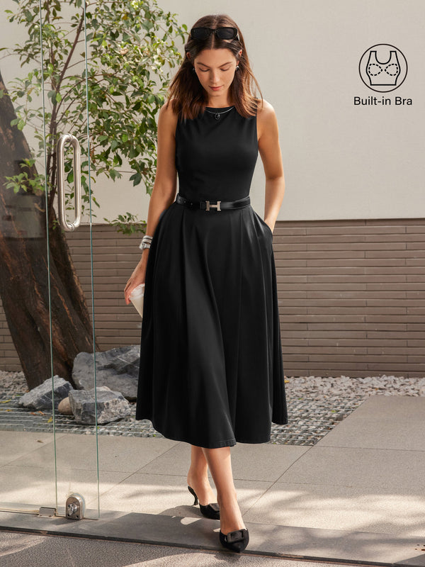 OGLmove Boatneck Bamboo Ponte Bra Midi Dress with Pockets Regular Black