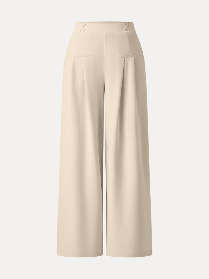 Drapey Bamboo Ponte Mid Rise Wide Leg Trouser with Pockets Regular Beige
