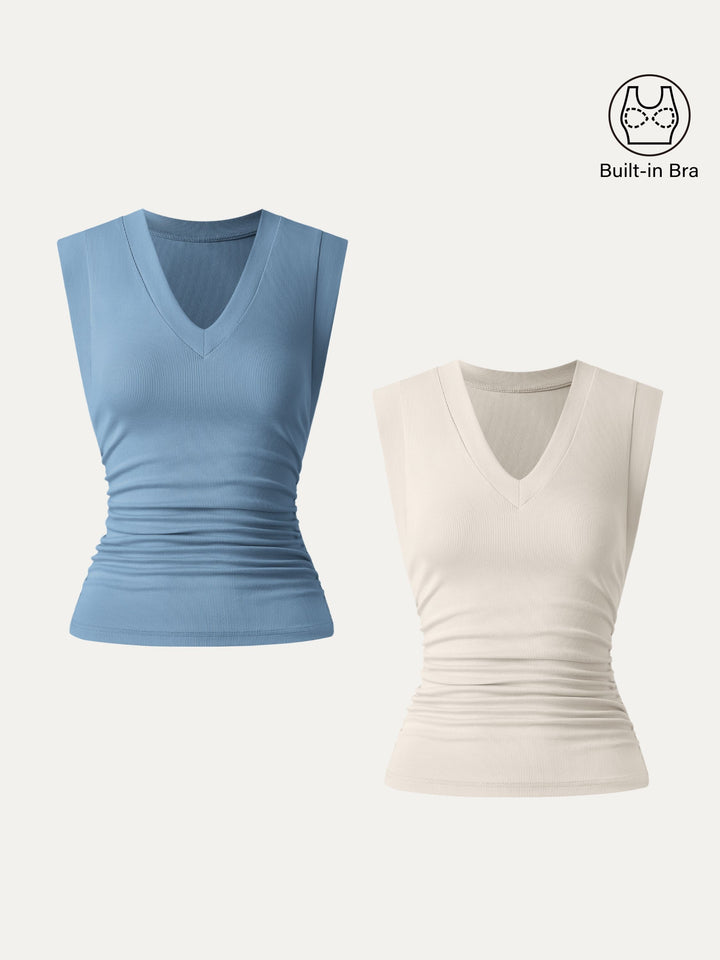 2Pcs Set Brami Stretch Cotton V-neck Side Ruched Muscle Top Dusk Blue/Gardenia XS
