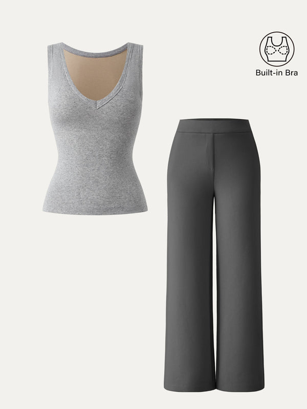 2Pcs Set V-neck Cotton Brami Tank & Mid Rise Straight Pant with Pockets Heather Grey/Deep Grey XS