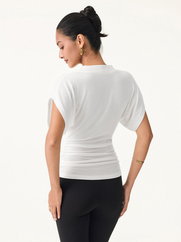 Lyocell Cashmere Blend V-neck Short Sleeve Side Ruched Tee