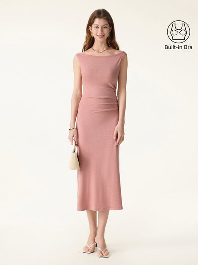 Elegant Boatneck Tucked Fit-and-Flare Midi Bra Dress Sahara Pink XS