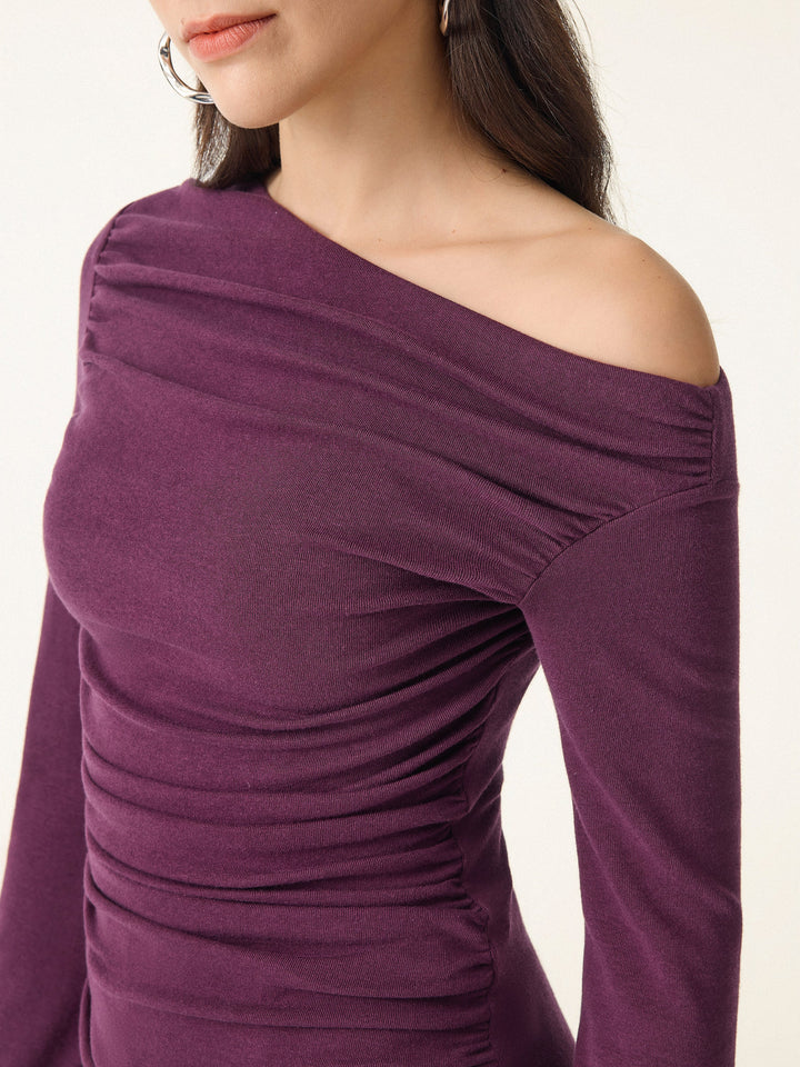 Slanted Shoulder Bell Sleeve Ruched Brami Top