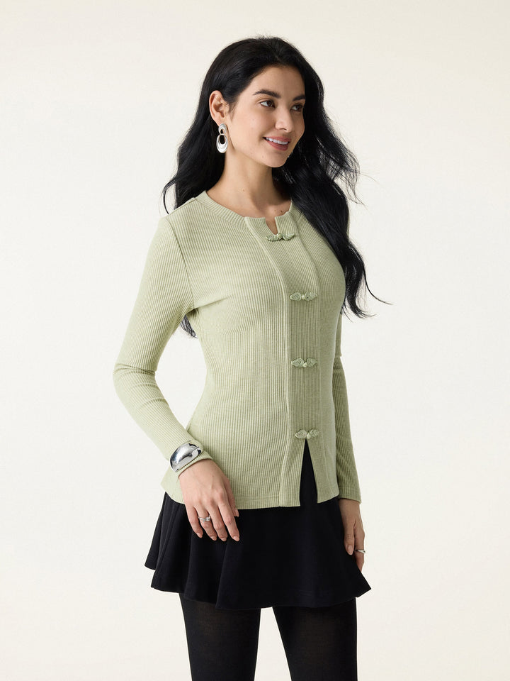 Ribbed Frog Button Round Neck Long Sleeve Top