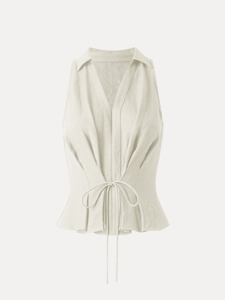 Collared V-neck Pleated Sleeveless Top with Drawstring Off White XS