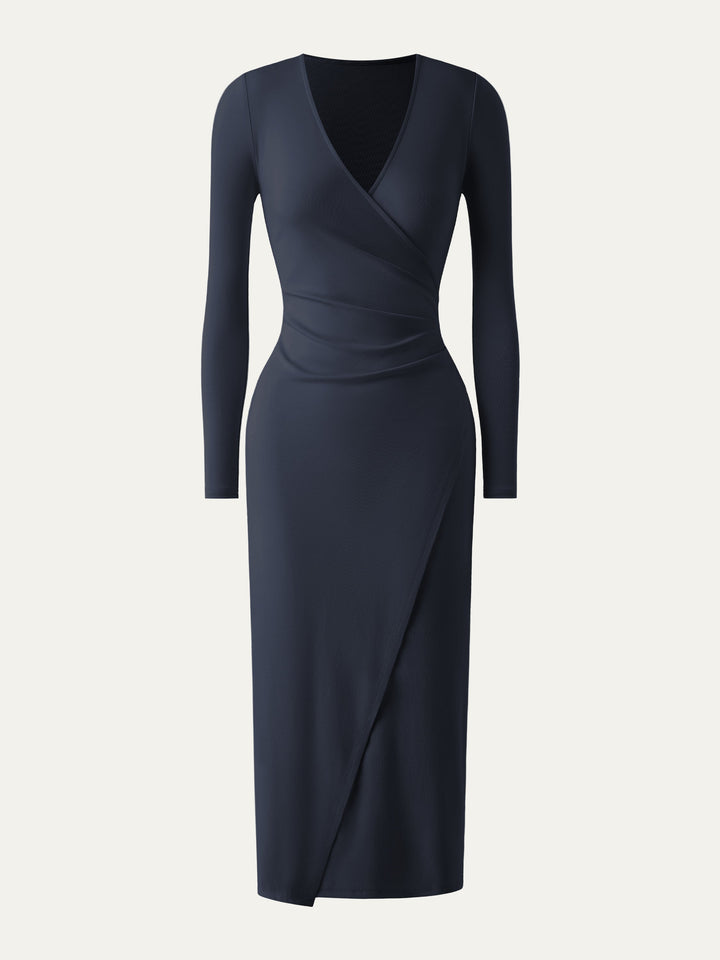 Faux Wrap Light Cotton Midi Dress Navy XS