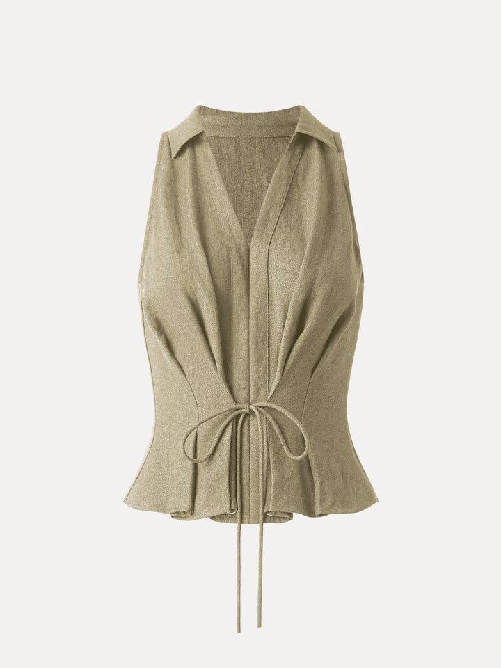 Collared V-neck Pleated Sleeveless Top with Drawstring Ecru XS