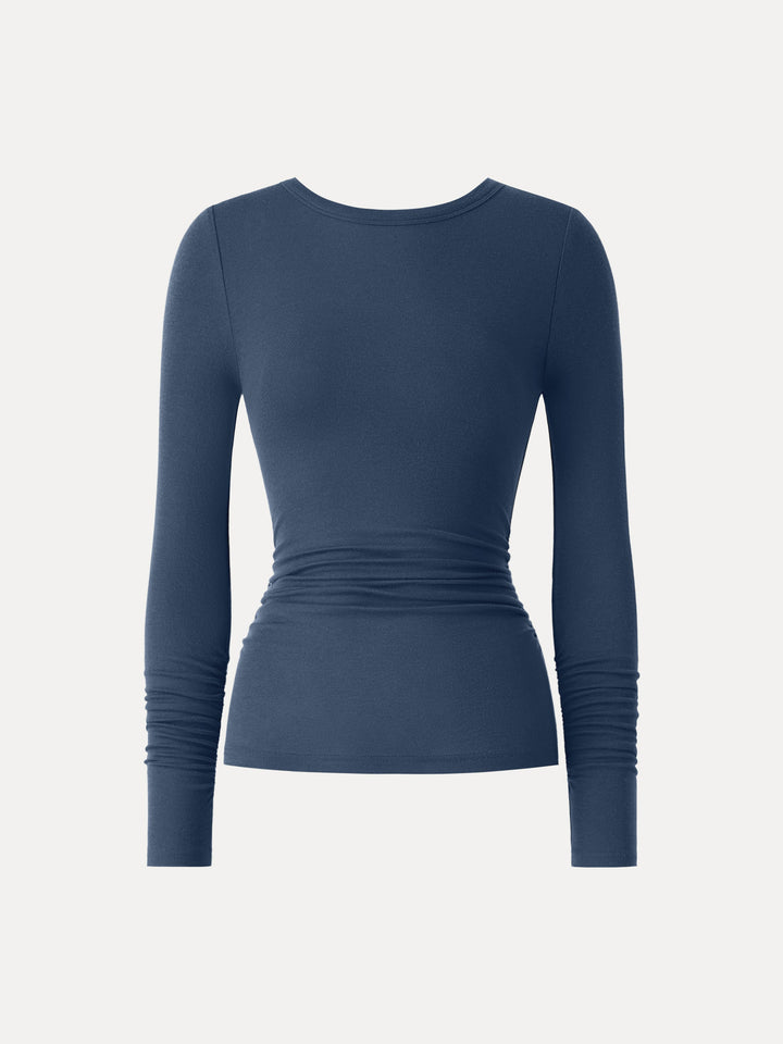 Lyocell Cashmere Ruched Sleeve Skimming Top Ink Blue XS