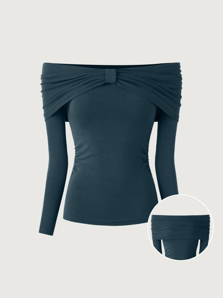 Transformable Bow Cold Shoulder Long Sleeve Brami Top Forest Night XS