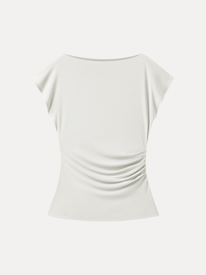 Boatneck Flutter Sleeve Side Tucked Long Tee Pure White XS