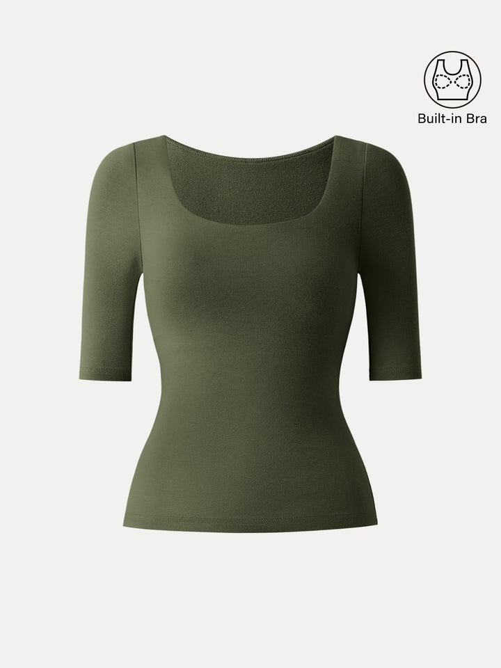 Essential Square Neck Elbow Length Sleeve Brami Deep Olive XS