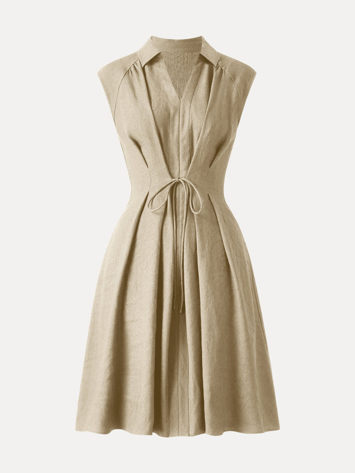 Viscose-Linen Collared V-neck Midi Dress with Drawstring Ecru XS