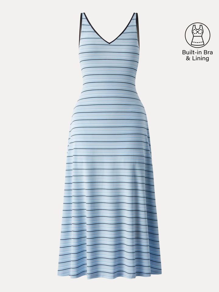 V-neck Low Back Striped Midi Brami Dress with Pockets Sky Stripe XS