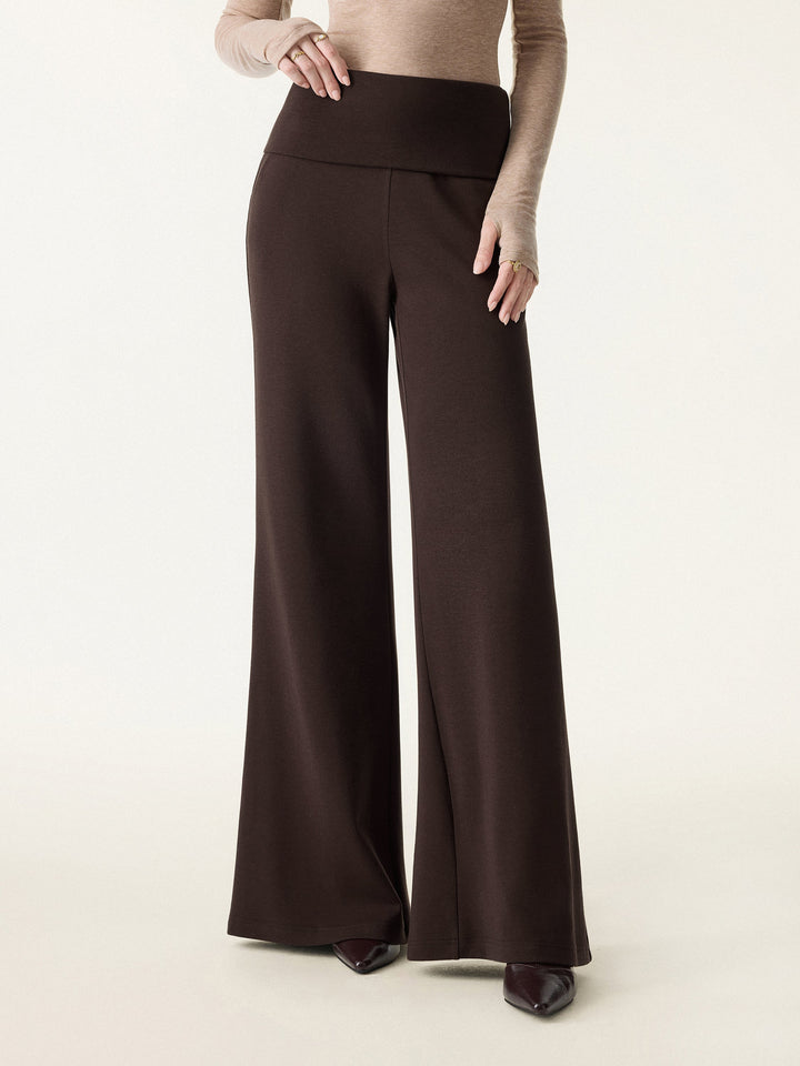 Tummy Warmer Folding Waistband Flared Pants with Pockets Espresso XS