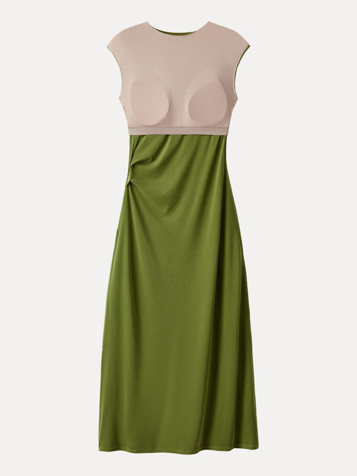 Flowy Sandwashed Crewneck Cap Sleeve Ruched Flared Maxi Brami Dress