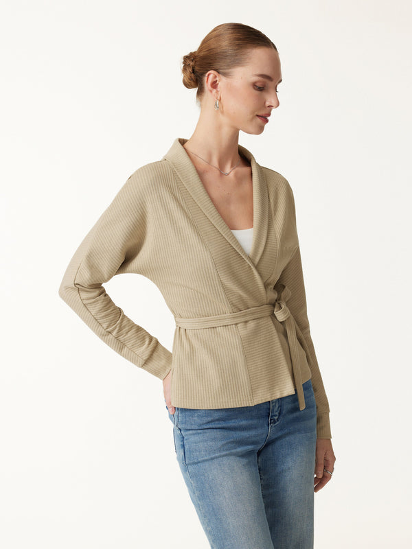 OGLmove Textured Cotton Blend Lapel Belted Open-Front Jacket