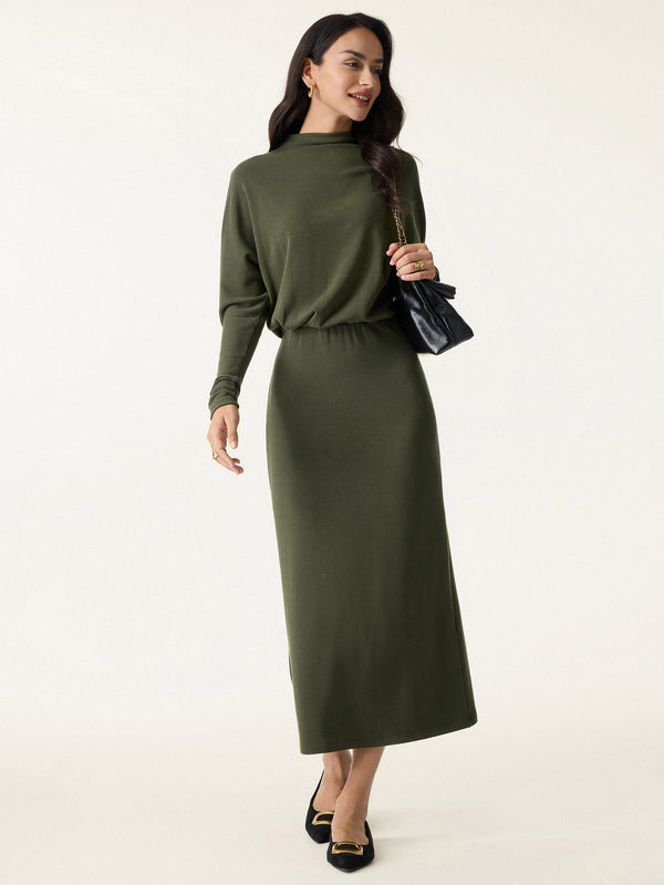 Mockneck Batwing Sleeve Cinched Waist Midi Dress